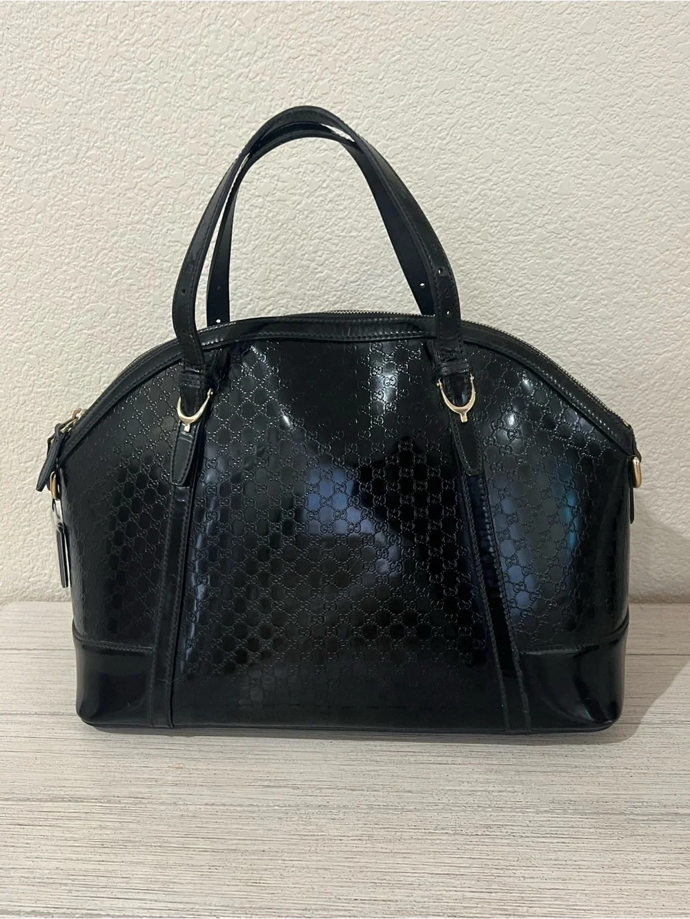 GUCCI Black Microguccissima Patent Leather Nice Top Handle Bag COA